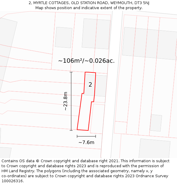 2, MYRTLE COTTAGES, OLD STATION ROAD, WEYMOUTH, DT3 5NJ: Plot and title map