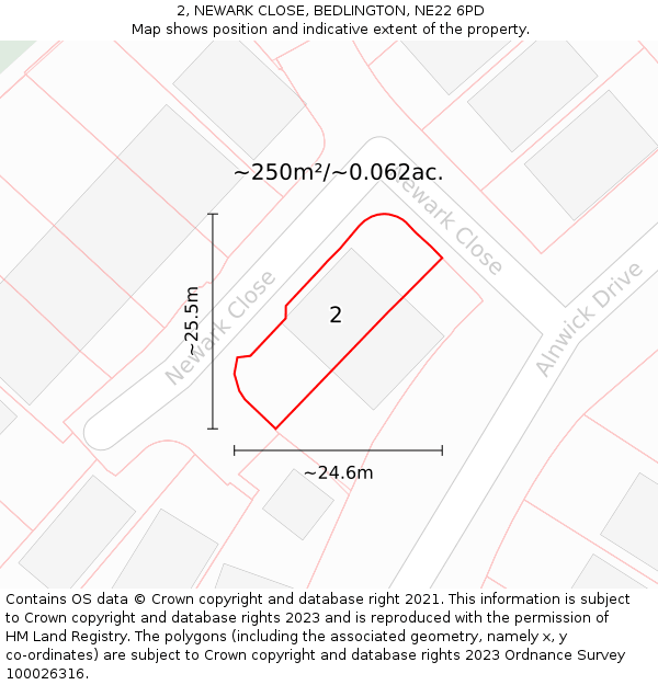 2, NEWARK CLOSE, BEDLINGTON, NE22 6PD: Plot and title map