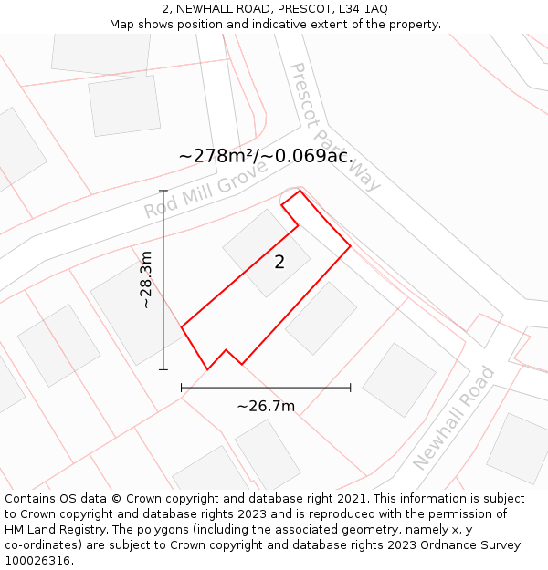 2, NEWHALL ROAD, PRESCOT, L34 1AQ: Plot and title map