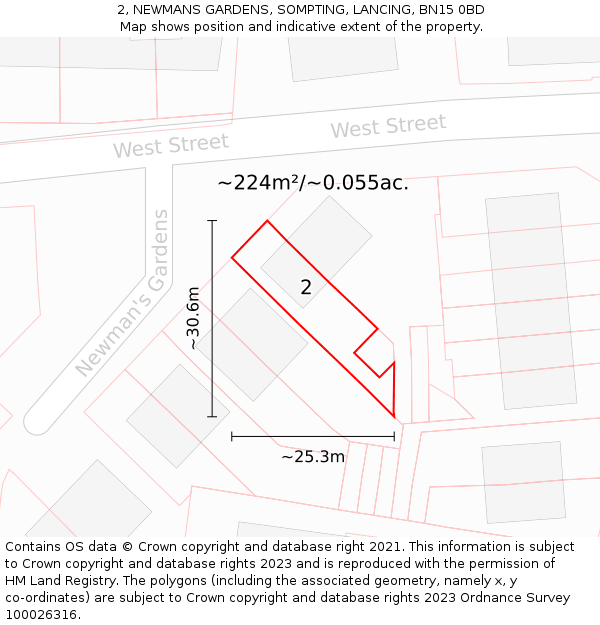 2, NEWMANS GARDENS, SOMPTING, LANCING, BN15 0BD: Plot and title map