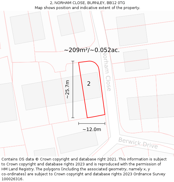 2, NORHAM CLOSE, BURNLEY, BB12 0TG: Plot and title map