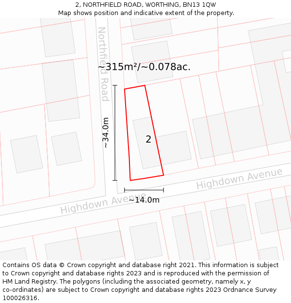 2, NORTHFIELD ROAD, WORTHING, BN13 1QW: Plot and title map