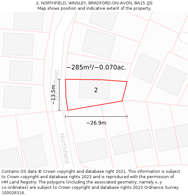2, NORTHFIELD, WINSLEY, BRADFORD-ON-AVON, BA15 2JS: Plot and title map