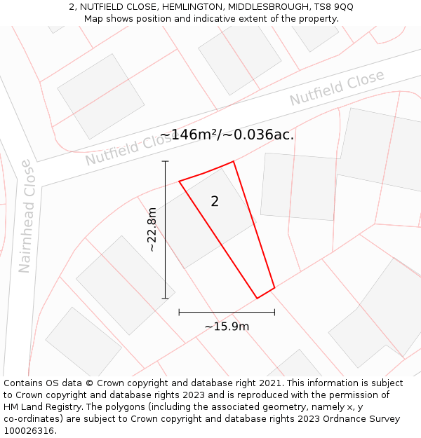 2, NUTFIELD CLOSE, HEMLINGTON, MIDDLESBROUGH, TS8 9QQ: Plot and title map