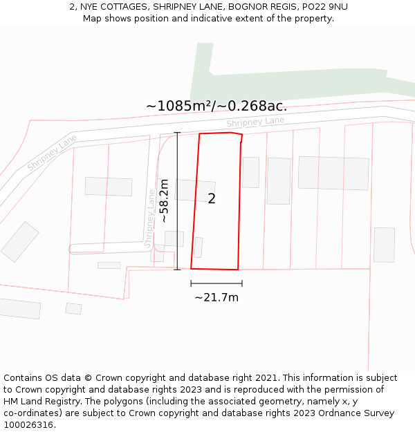 2, NYE COTTAGES, SHRIPNEY LANE, BOGNOR REGIS, PO22 9NU: Plot and title map