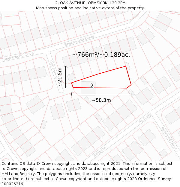 2, OAK AVENUE, ORMSKIRK, L39 3PA: Plot and title map