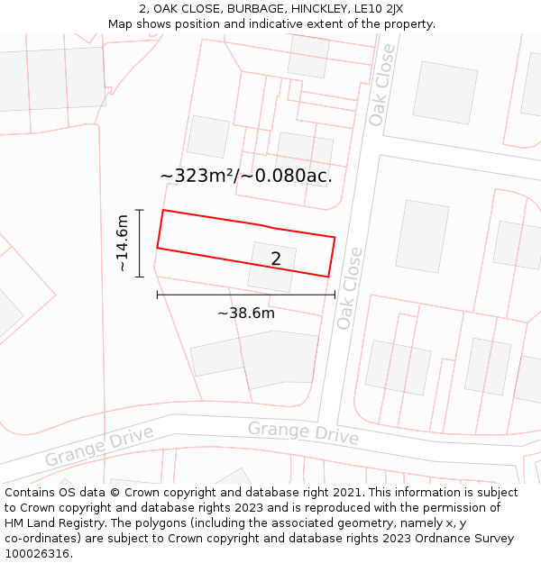 2, OAK CLOSE, BURBAGE, HINCKLEY, LE10 2JX: Plot and title map