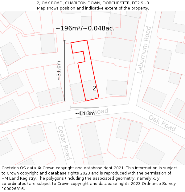 2, OAK ROAD, CHARLTON DOWN, DORCHESTER, DT2 9UR: Plot and title map