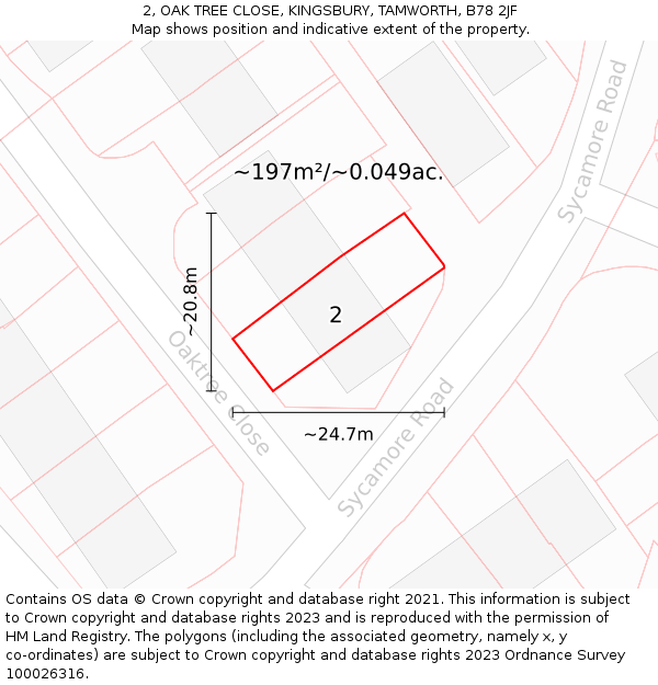2, OAK TREE CLOSE, KINGSBURY, TAMWORTH, B78 2JF: Plot and title map