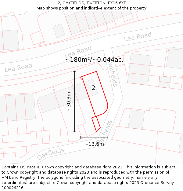 2, OAKFIELDS, TIVERTON, EX16 6XF: Plot and title map