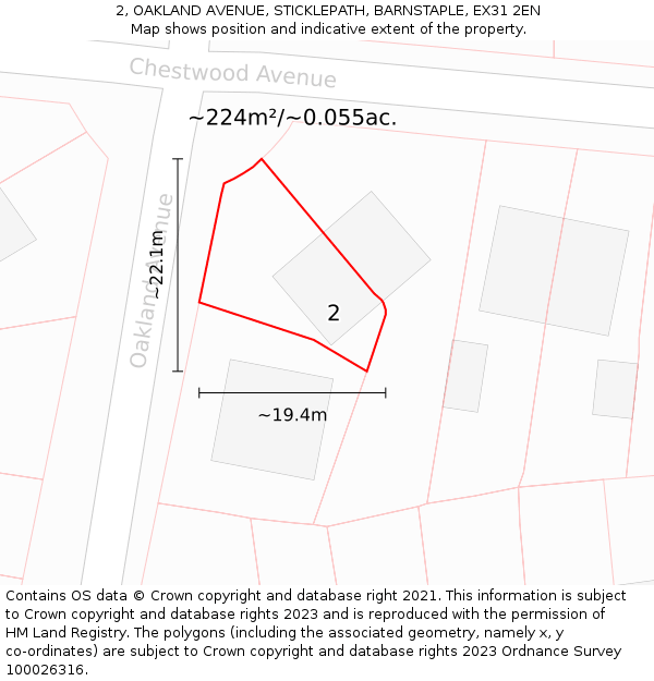 2, OAKLAND AVENUE, STICKLEPATH, BARNSTAPLE, EX31 2EN: Plot and title map