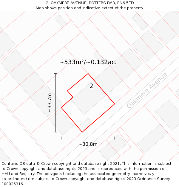 2, OAKMERE AVENUE, POTTERS BAR, EN6 5ED: Plot and title map