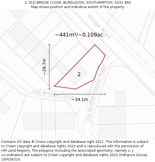2, OLD BRIDGE CLOSE, BURSLEDON, SOUTHAMPTON, SO31 8AX: Plot and title map