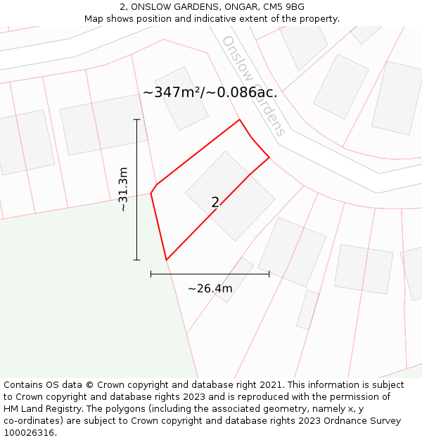 2, ONSLOW GARDENS, ONGAR, CM5 9BG: Plot and title map