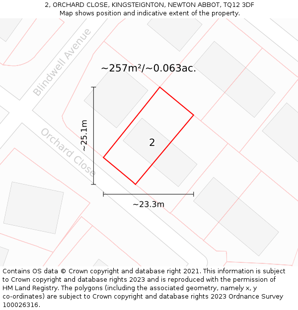 2, ORCHARD CLOSE, KINGSTEIGNTON, NEWTON ABBOT, TQ12 3DF: Plot and title map