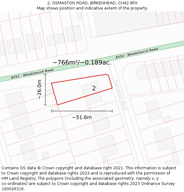 2, OSMASTON ROAD, BIRKENHEAD, CH42 8PX: Plot and title map