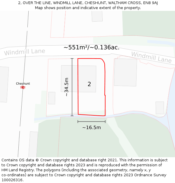 2, OVER THE LINE, WINDMILL LANE, CHESHUNT, WALTHAM CROSS, EN8 9AJ: Plot and title map