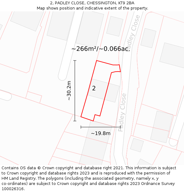 2, PADLEY CLOSE, CHESSINGTON, KT9 2BA: Plot and title map