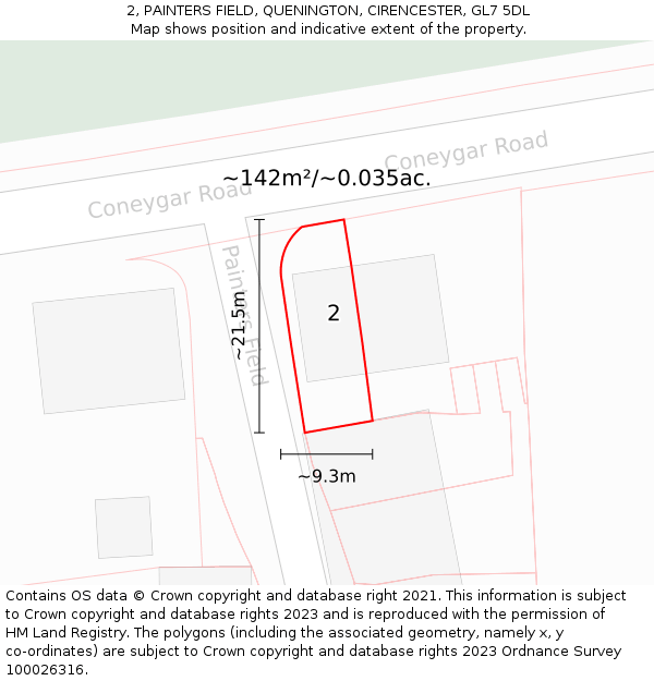 2, PAINTERS FIELD, QUENINGTON, CIRENCESTER, GL7 5DL: Plot and title map