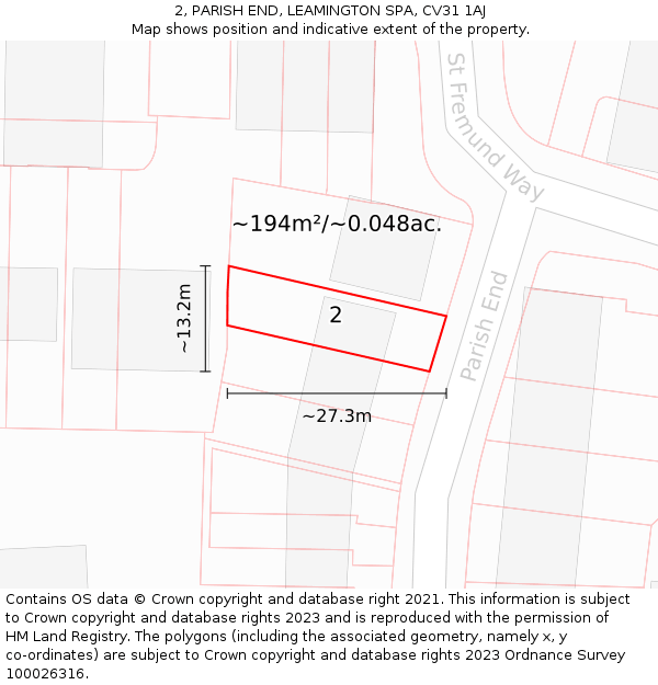 2, PARISH END, LEAMINGTON SPA, CV31 1AJ: Plot and title map