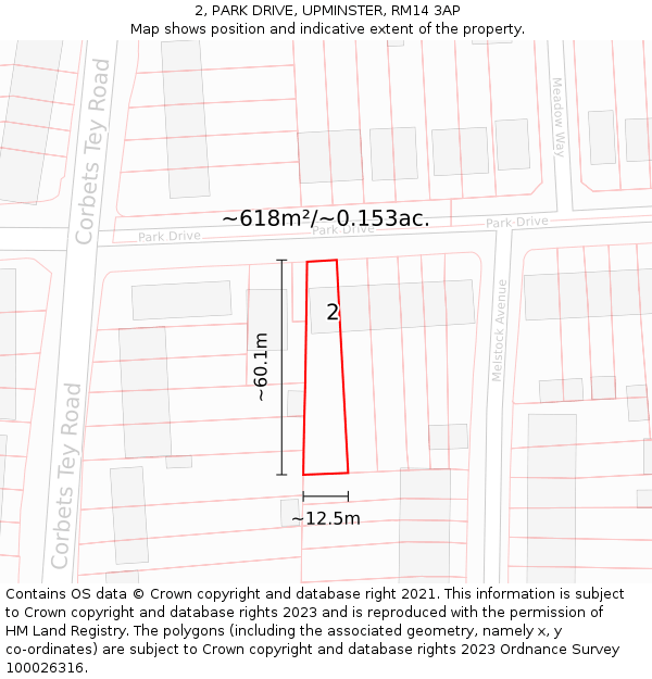 2, PARK DRIVE, UPMINSTER, RM14 3AP: Plot and title map