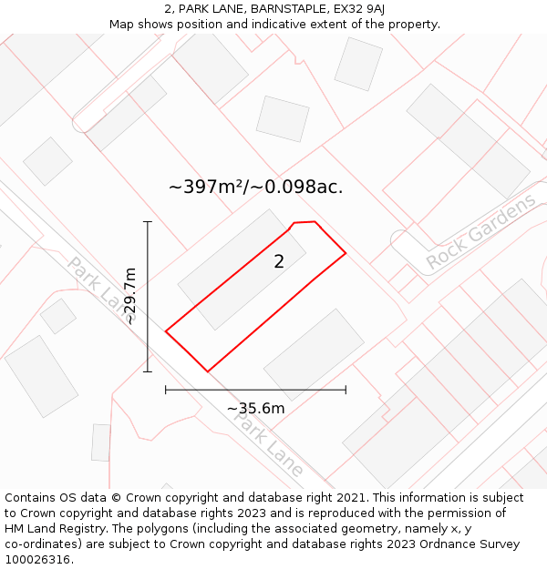 2, PARK LANE, BARNSTAPLE, EX32 9AJ: Plot and title map