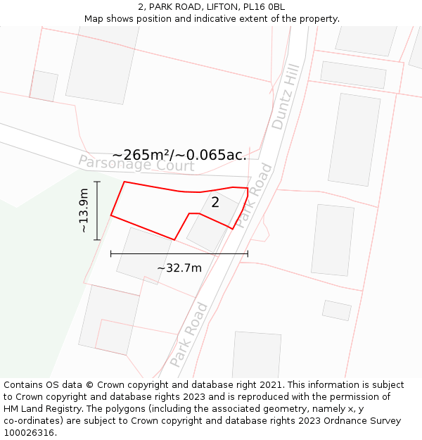 2, PARK ROAD, LIFTON, PL16 0BL: Plot and title map