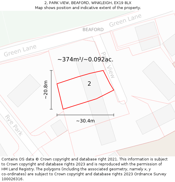 2, PARK VIEW, BEAFORD, WINKLEIGH, EX19 8LX: Plot and title map