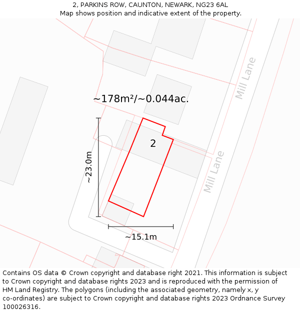 2, PARKINS ROW, CAUNTON, NEWARK, NG23 6AL: Plot and title map