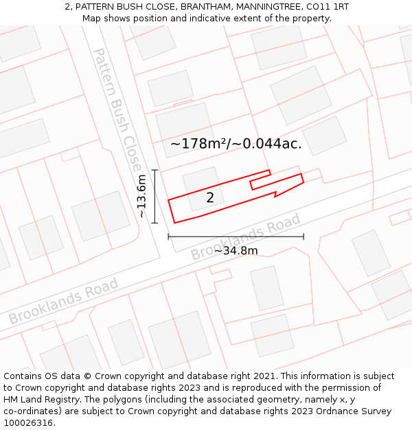 2, PATTERN BUSH CLOSE, BRANTHAM, MANNINGTREE, CO11 1RT: Plot and title map