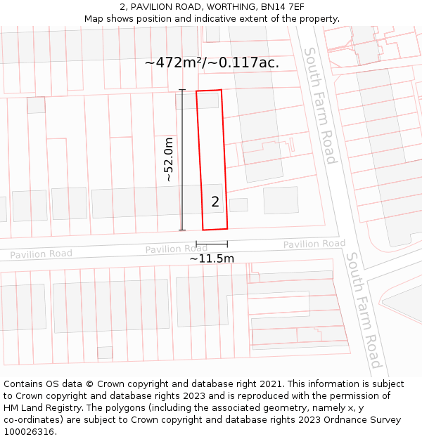 2, PAVILION ROAD, WORTHING, BN14 7EF: Plot and title map