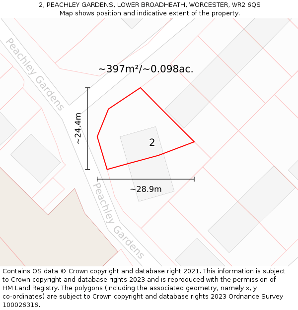 2, PEACHLEY GARDENS, LOWER BROADHEATH, WORCESTER, WR2 6QS: Plot and title map