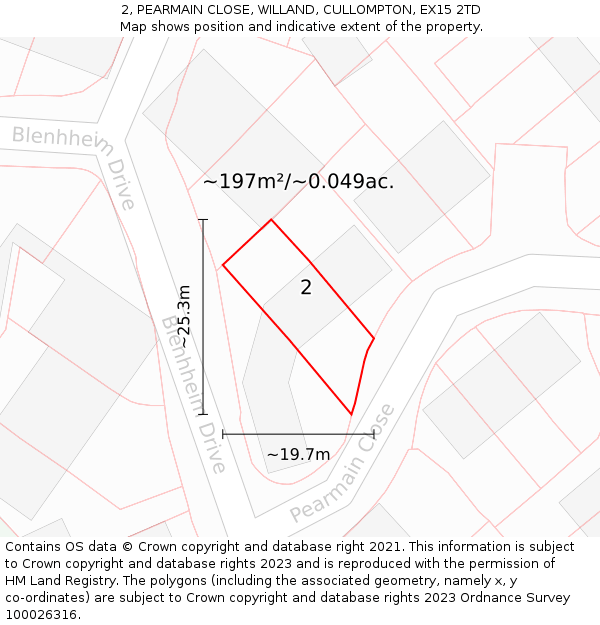 2, PEARMAIN CLOSE, WILLAND, CULLOMPTON, EX15 2TD: Plot and title map