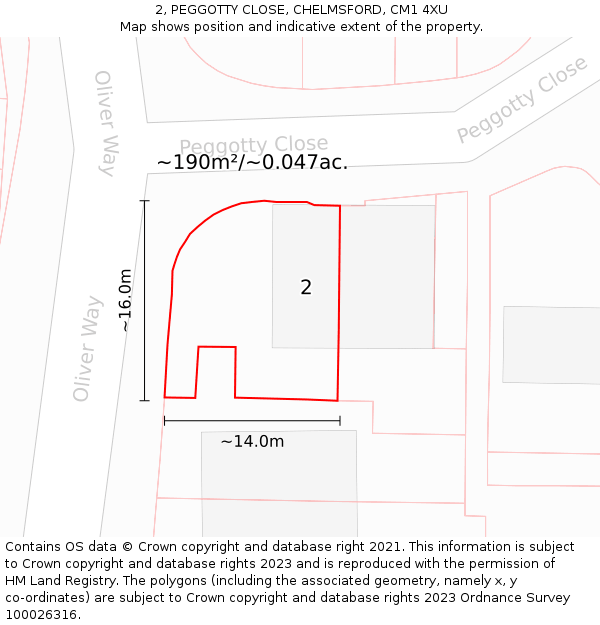 2, PEGGOTTY CLOSE, CHELMSFORD, CM1 4XU: Plot and title map