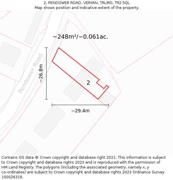 2, PENDOWER ROAD, VERYAN, TRURO, TR2 5QL: Plot and title map