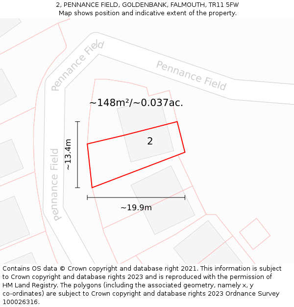 2, PENNANCE FIELD, GOLDENBANK, FALMOUTH, TR11 5FW: Plot and title map