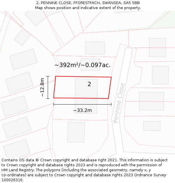 2, PENNINE CLOSE, FFORESTFACH, SWANSEA, SA5 5BB: Plot and title map
