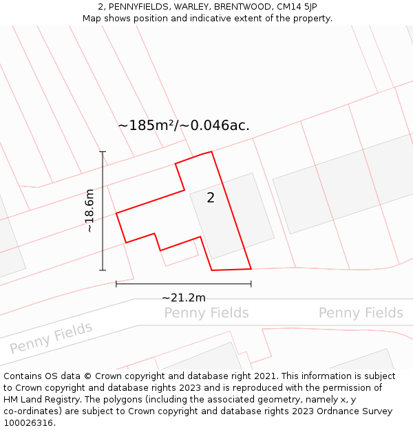 2, PENNYFIELDS, WARLEY, BRENTWOOD, CM14 5JP: Plot and title map