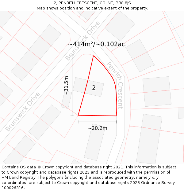 2, PENRITH CRESCENT, COLNE, BB8 8JS: Plot and title map