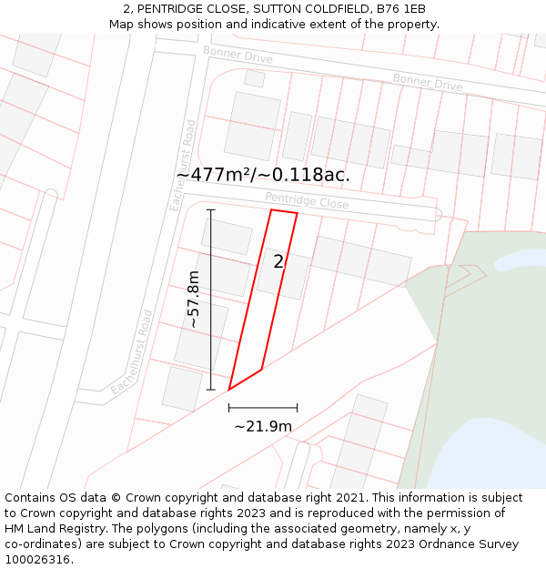 2, PENTRIDGE CLOSE, SUTTON COLDFIELD, B76 1EB: Plot and title map