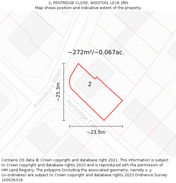 2, PENTRIDGE CLOSE, WIGSTON, LE18 2RN: Plot and title map