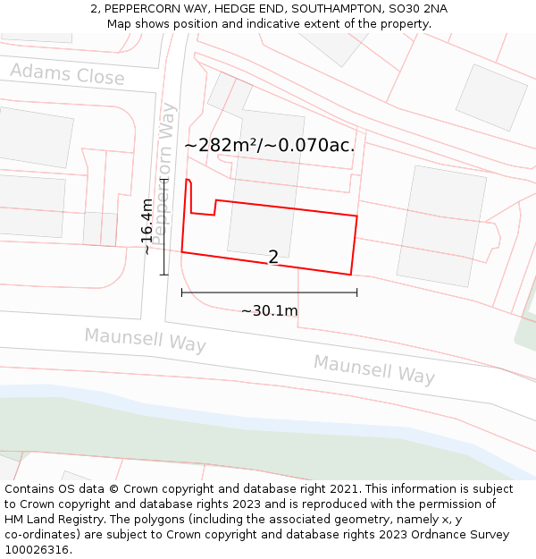 2, PEPPERCORN WAY, HEDGE END, SOUTHAMPTON, SO30 2NA: Plot and title map