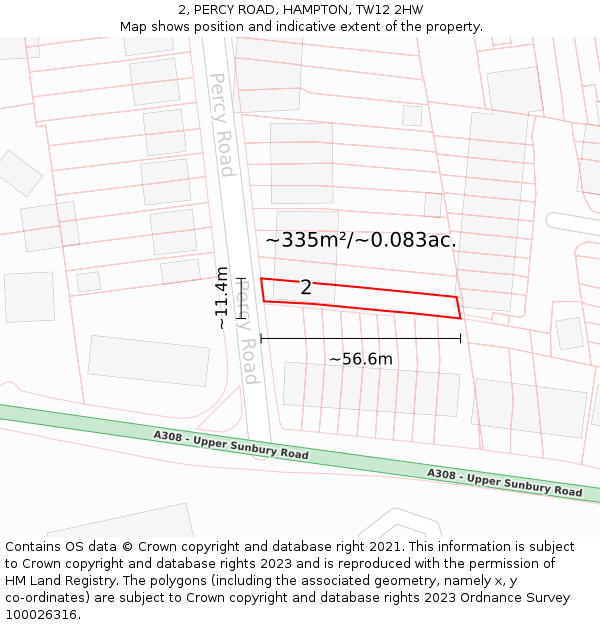 2, PERCY ROAD, HAMPTON, TW12 2HW: Plot and title map