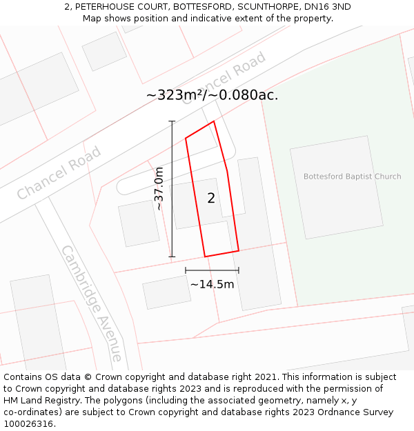 2, PETERHOUSE COURT, BOTTESFORD, SCUNTHORPE, DN16 3ND: Plot and title map