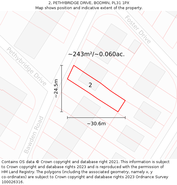 2, PETHYBRIDGE DRIVE, BODMIN, PL31 1PX: Plot and title map
