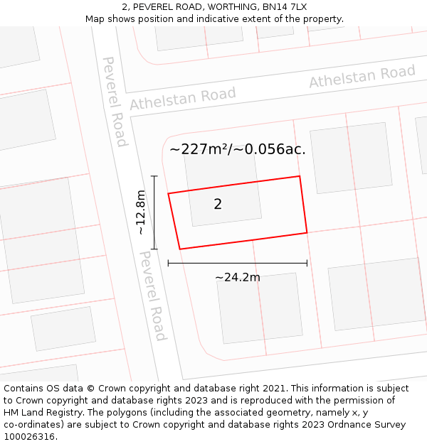 2, PEVEREL ROAD, WORTHING, BN14 7LX: Plot and title map