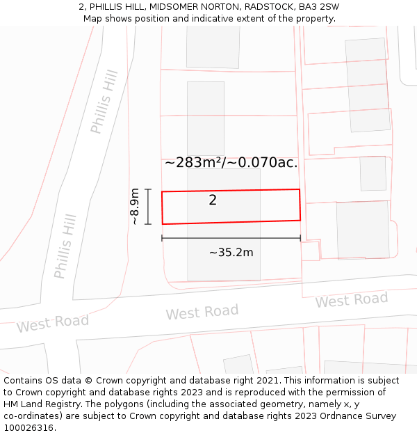 2, PHILLIS HILL, MIDSOMER NORTON, RADSTOCK, BA3 2SW: Plot and title map