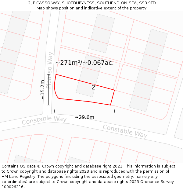 2, PICASSO WAY, SHOEBURYNESS, SOUTHEND-ON-SEA, SS3 9TD: Plot and title map