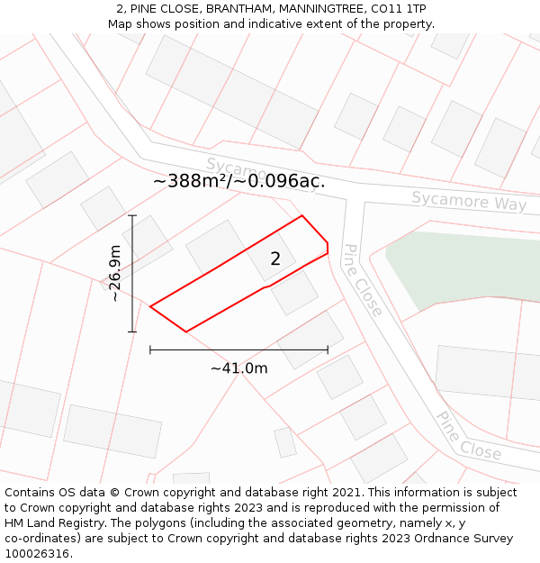 2, PINE CLOSE, BRANTHAM, MANNINGTREE, CO11 1TP: Plot and title map