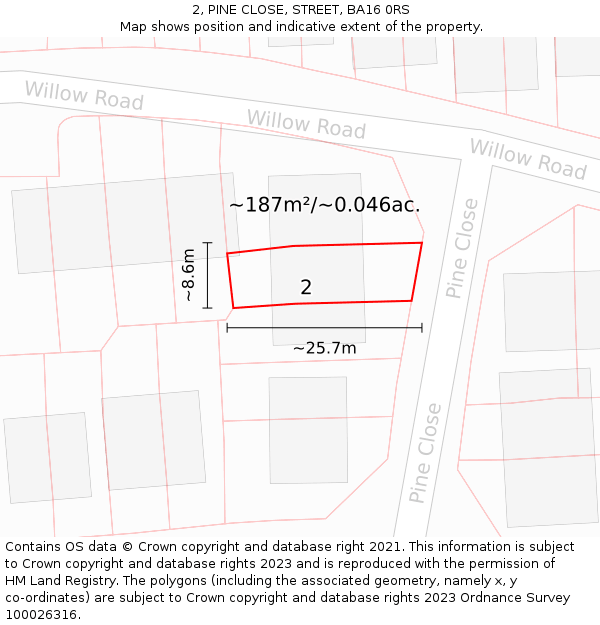 2, PINE CLOSE, STREET, BA16 0RS: Plot and title map